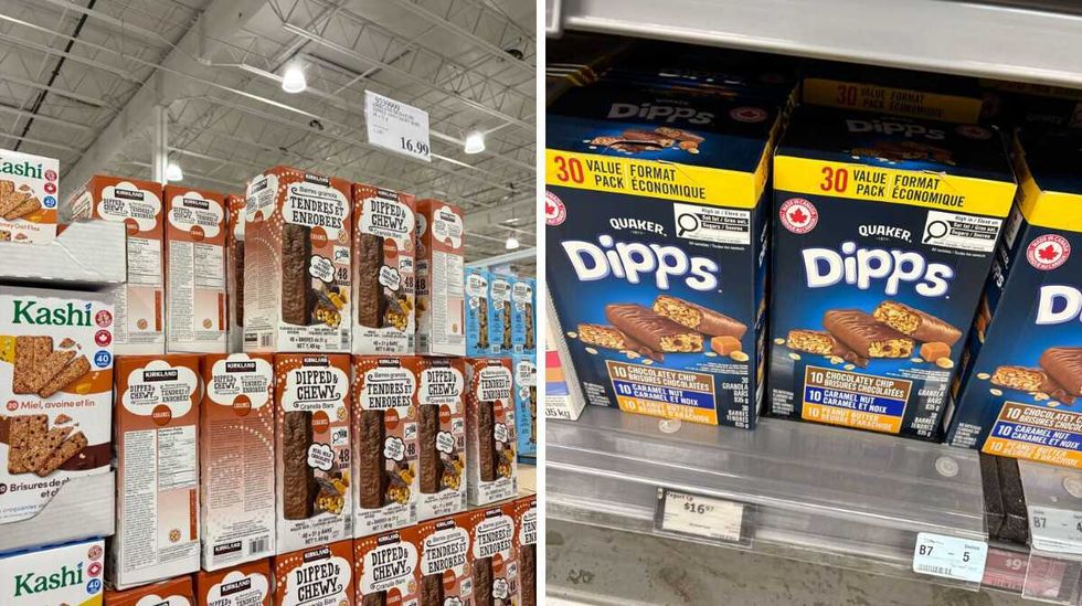\u200bKirkland Signature chocolate-dipped granola bars at Costco. Right: Dipps granola bars at Walmart.