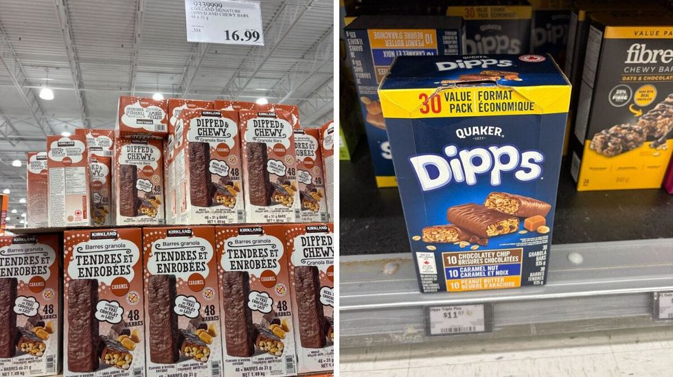 \u200bKirkland Signature chocolate-dipped granola bars. Right: Quaker Dipps chocolate-covered granola bars at Walmart.