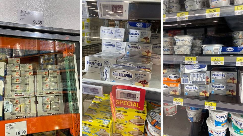 \u200bKirkland Signature cream cheese. Centre: Philadelphia cream cheese at Fortinos. Right: Philadelphia cream cheese at Walmart.