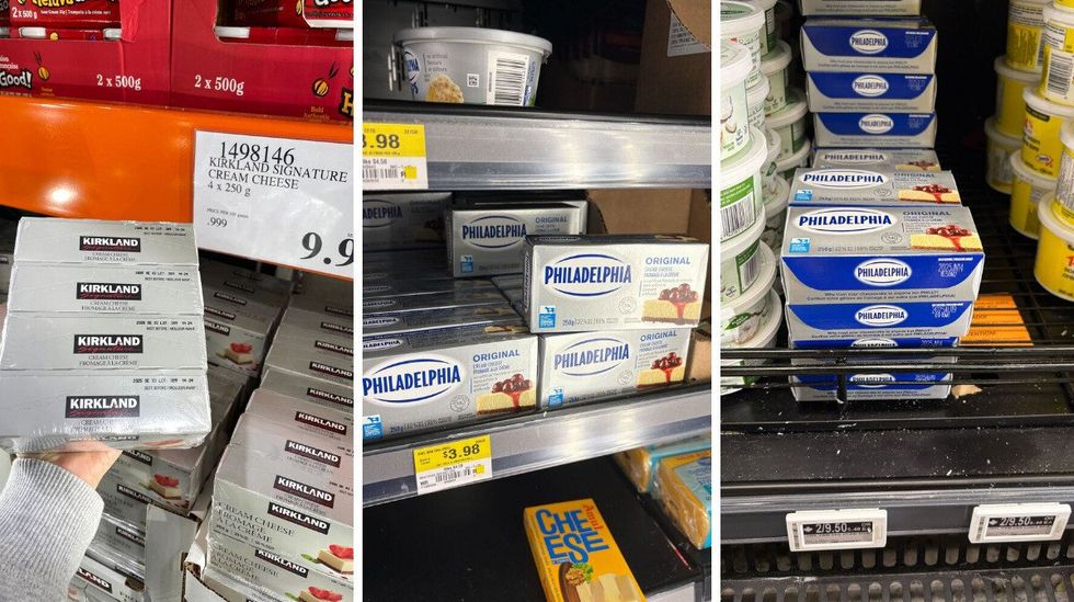 \u200bKirkland Signature cream cheese. Centre: Philadelphia cream cheese at Walmart.R ight: Philadelphia cream cheese at Loblaws