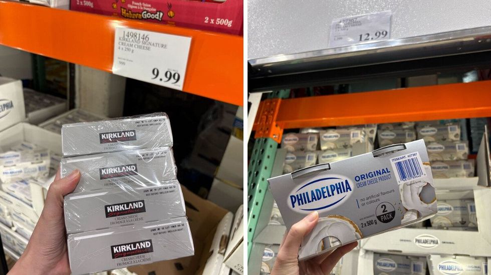 \u200bKirkland Signature cream cheese. Right: Philadelphia cream cheese.