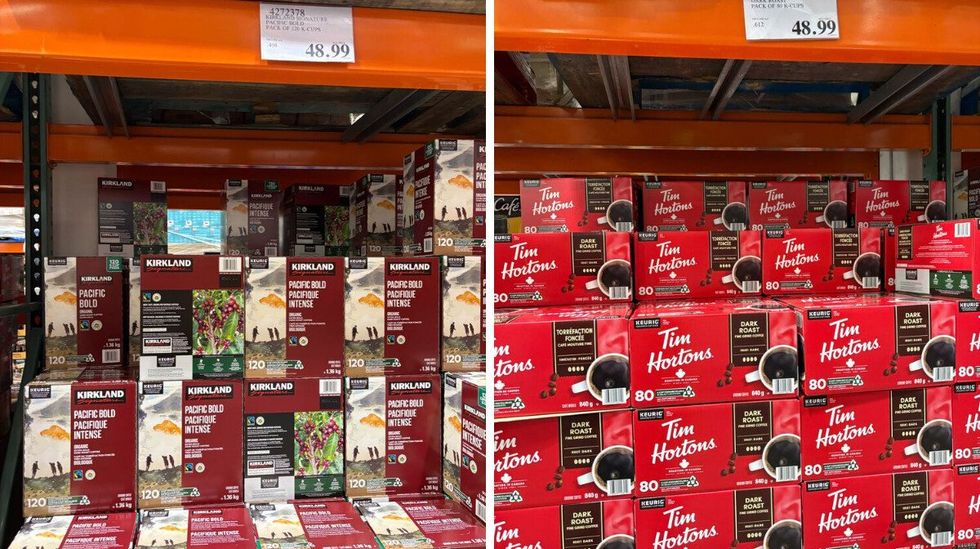 \u200bKirkland Signature dark roast coffee pods. Right: Tim Hortons dark roast coffee pods.
