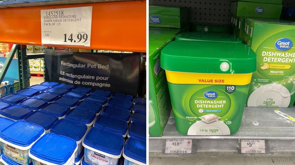 \u200bKirkland Signature dishwasher detergent at Costco. Right: Great Value dishwasher detergent at Walmart