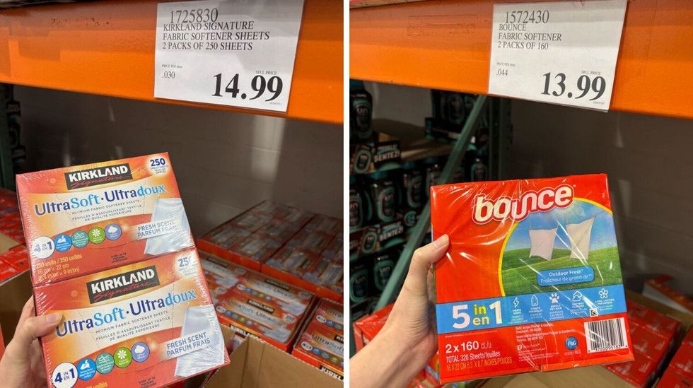 \u200bKirkland Signature dryer sheets. Right: Bounce dryer sheets at Costco.