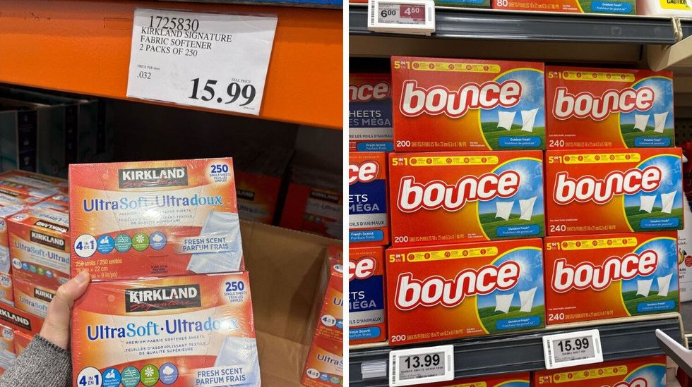 \u200bKirkland Signature dryer sheets. Right: Bounce dryer sheets at Loblaws.