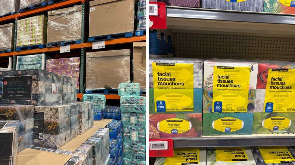 \u200bKirkland Signature facial tissues at Costco. Right: No Name facial tissues at Loblaws.
