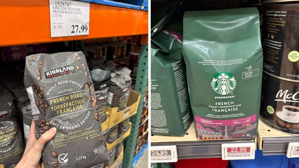 \u200bKirkland Signature French roast coffee. Right: Starbucks French roast coffee at Loblaws