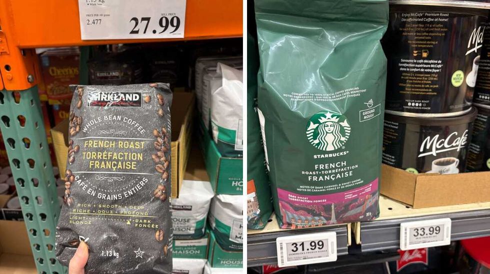 \u200bKirkland Signature French roast coffee. Right: Starbucks French roast coffee at Loblaws.