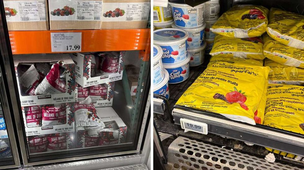 \u200bKirkland Signature frozen berry blend at Costco. Right: No Name frozen berry blend at Loblaws.