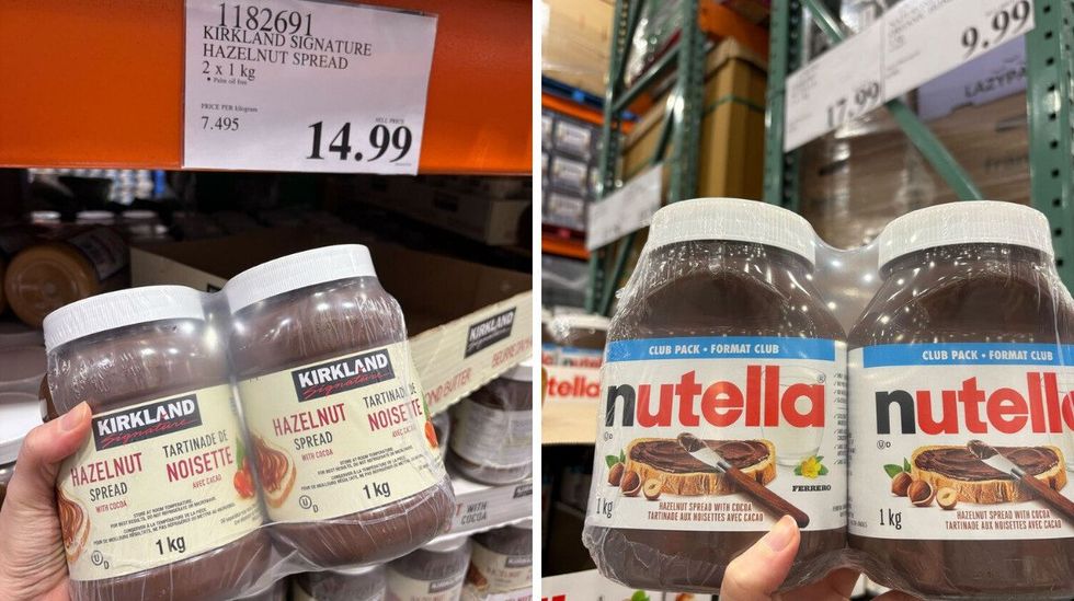 \u200bKirkland Signature hazelnut spread. Right: Nutella at Costco.