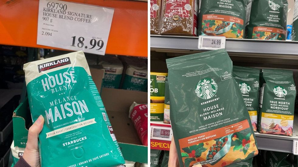 \u200bKirkland Signature house blend coffee at Costco. Right: Starbucks house blend coffee.