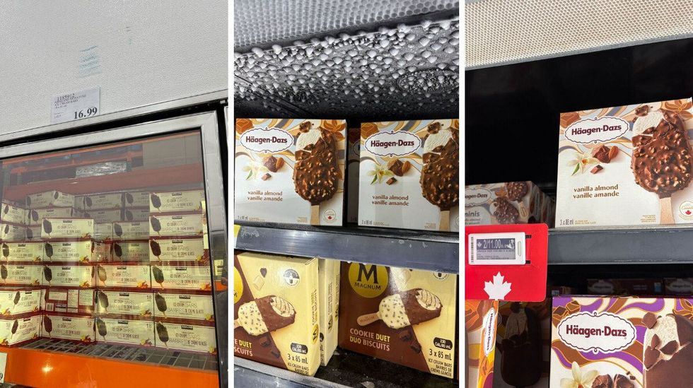 \u200bKirkland Signature ice cream bars. Centre: H\u00e4agen-Dazs ice cream at Walmart. Right: H\u00e4agen-Dazs ice cream at Loblaws