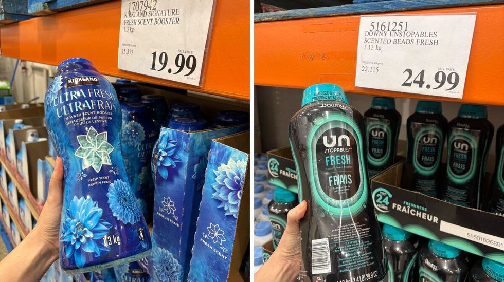 \u200bKirkland Signature laundry beads. Right: Downy Unstopables laundry beads.