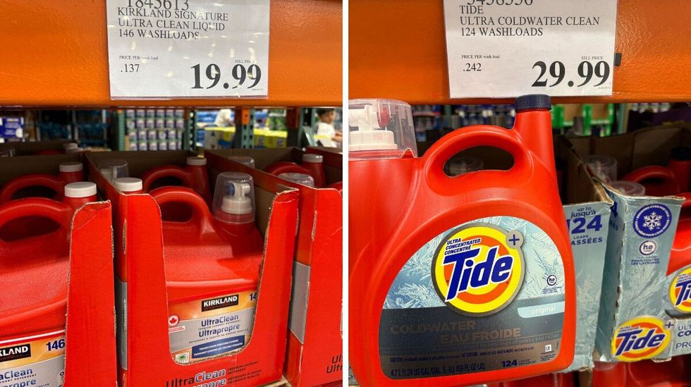 \u200bKirkland Signature laundry detergent. Right: Tide laundry detergent at Costco.