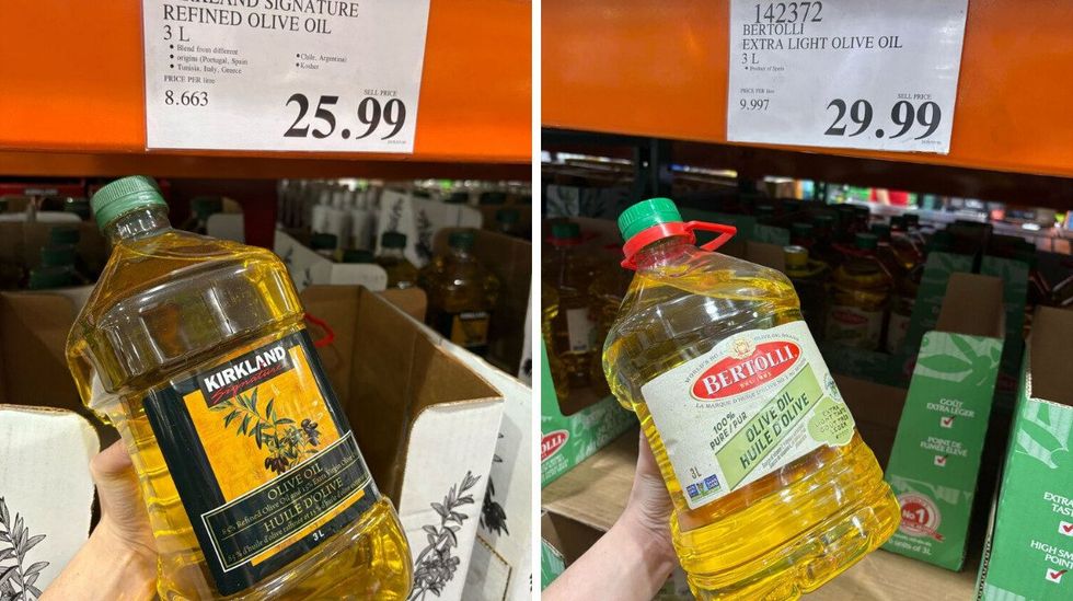 \u200bKirkland Signature light olive oil. Right: Bertolli light olive oil at Costco.