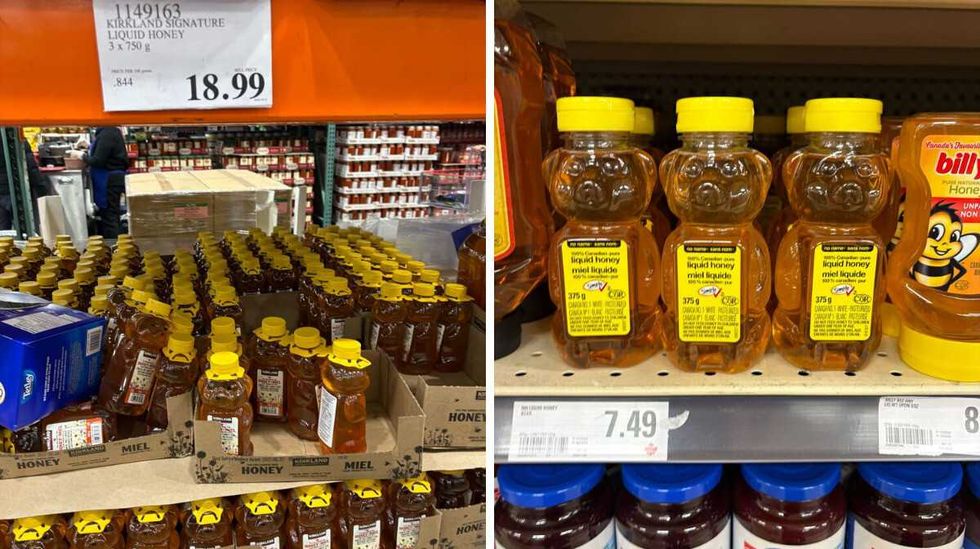 \u200bKirkland Signature liquid honey at Costco. Right: No Name liquid honey at Loblaws.