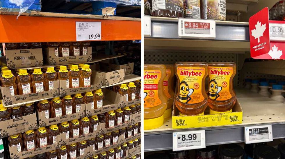 \u200bKirkland Signature liquid honey. Right: Billy Bee liquid honey at Loblaws.