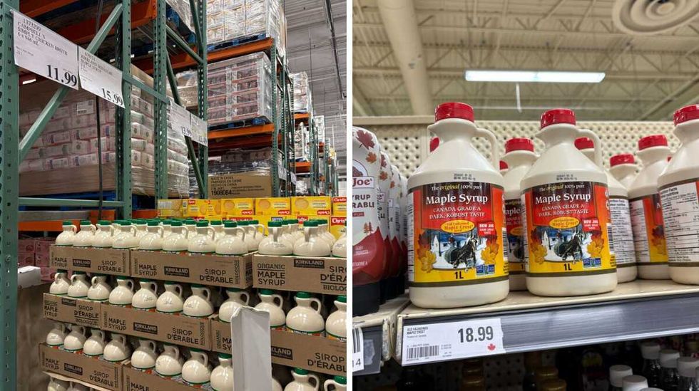 \u200bKirkland Signature maple syrup at Costco. Right: Old Fashioned Maple Crest maple syrup at Loblaws.