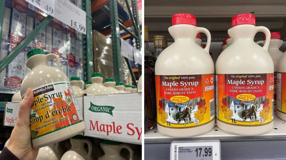 \u200bKirkland Signature maple syrup. Right: Old Fashioned Maple Crest maple syrup.