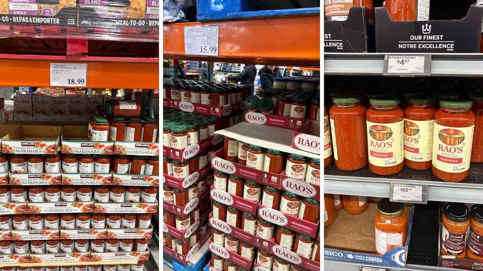 \u200bKirkland Signature marinara sauce. Centre: Rao's marinara sauce at Costco. Right: Rao's marinara sauce at Walmart.