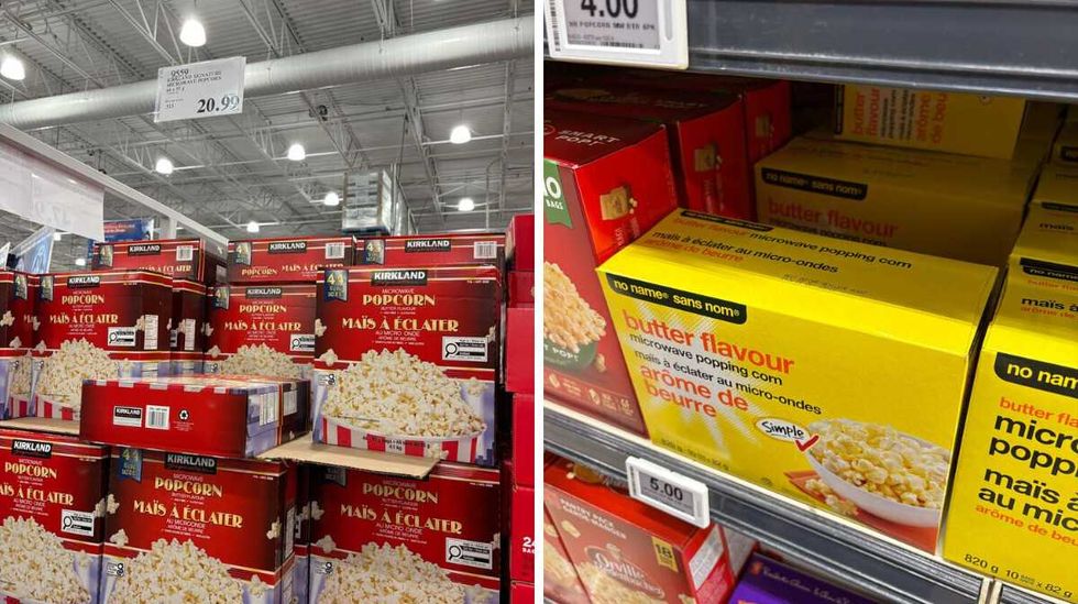 \u200bKirkland Signature microwave popcorn at Costco. Right: No Name microwave popcorn at Loblaws.
