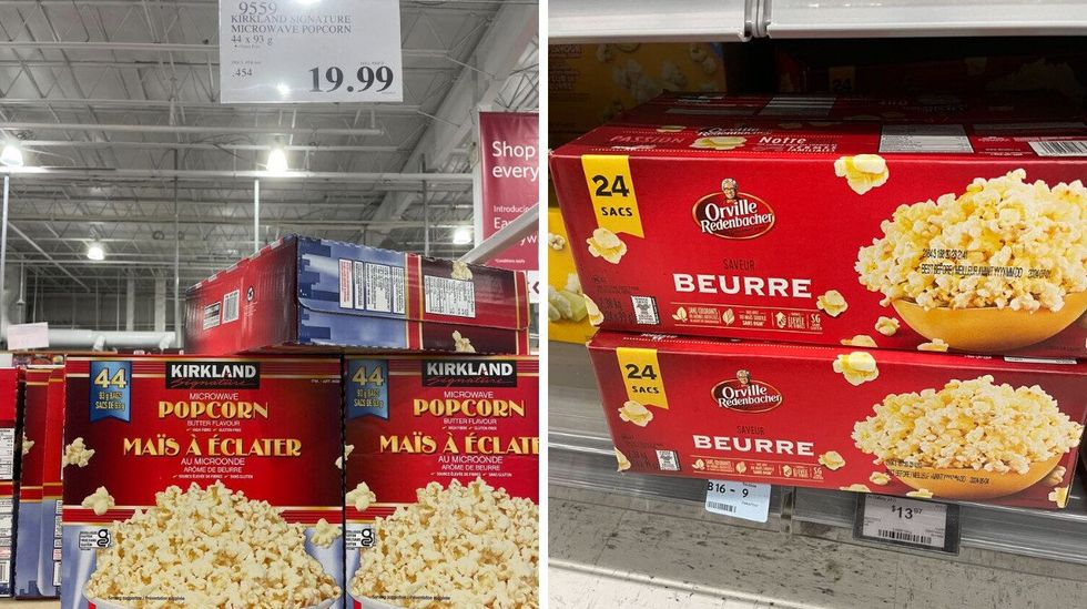 \u200bKirkland Signature microwave popcorn. Right: Orville Redenbacher microwave popcorn at Walmart.