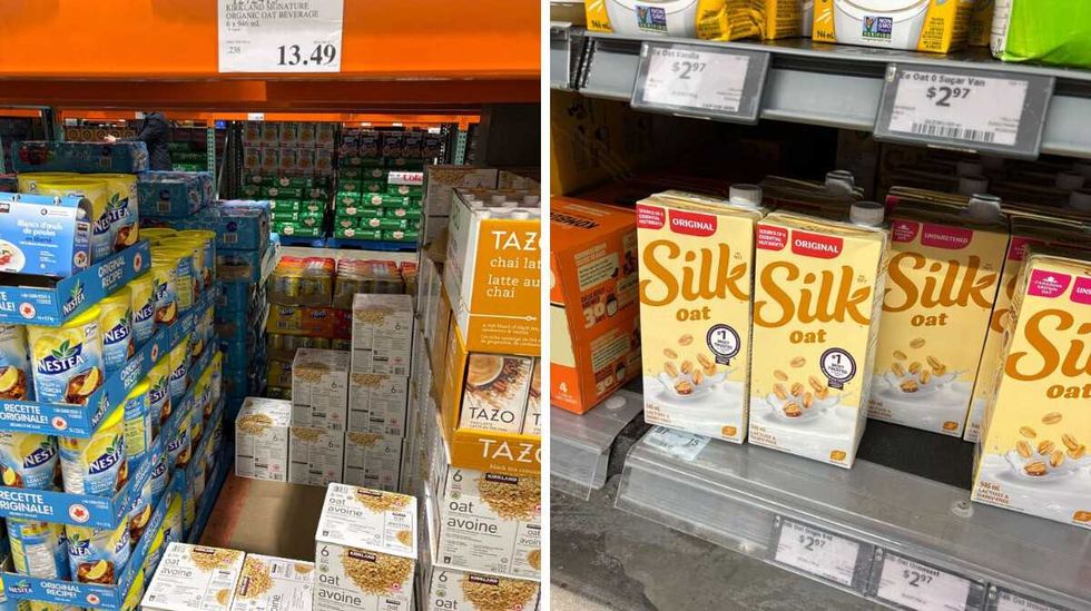 \u200bKirkland Signature oat beverage. Right: Silk oat beverage at Walmart.
