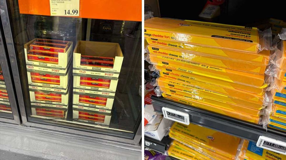 \u200bKirkland Signature old cheddar at Costco. Right: No Name old cheddar at Loblaws.