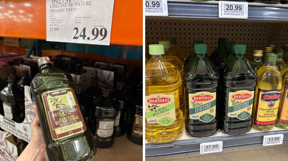 \u200bKirkland Signature olive oil. Right: Bertolli olive oil at Loblaws.