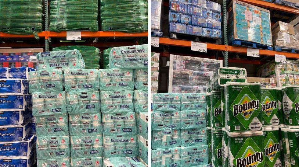 \u200bKirkland Signature paper towels. Right: Bounty paper towels at Costco.