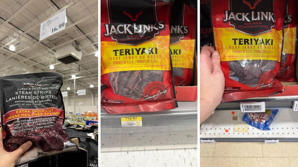 \u200bKirkland Signature steak strips. Centre: Jack Link's beef jerky at Walmart. Right: Jack Link's beef jerky at Loblaws.