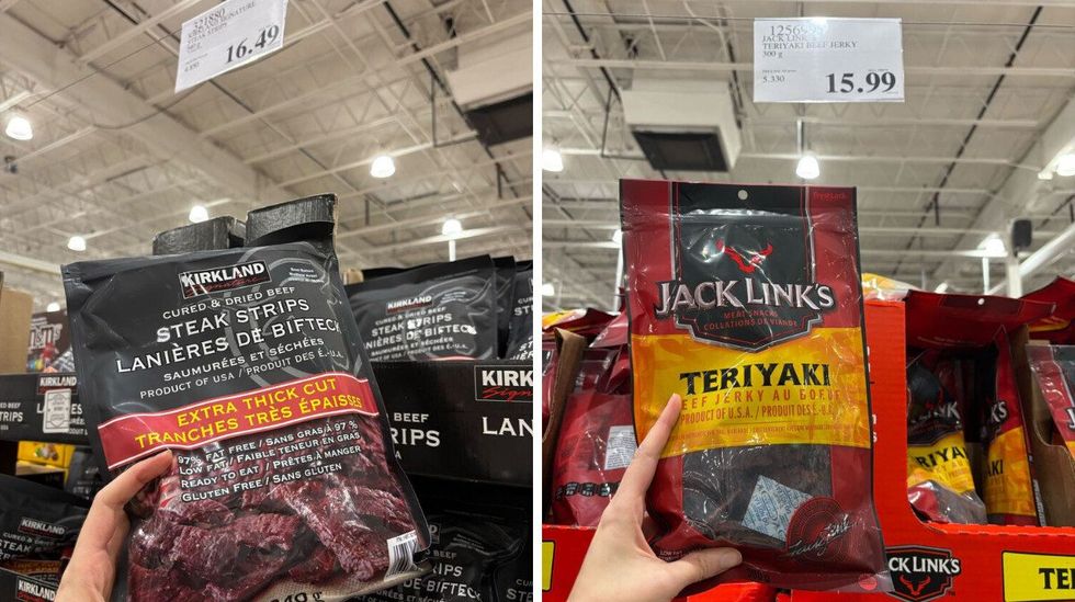 \u200bKirkland Signature steak strips. Right: Jack Link's beef jerky at Costco.