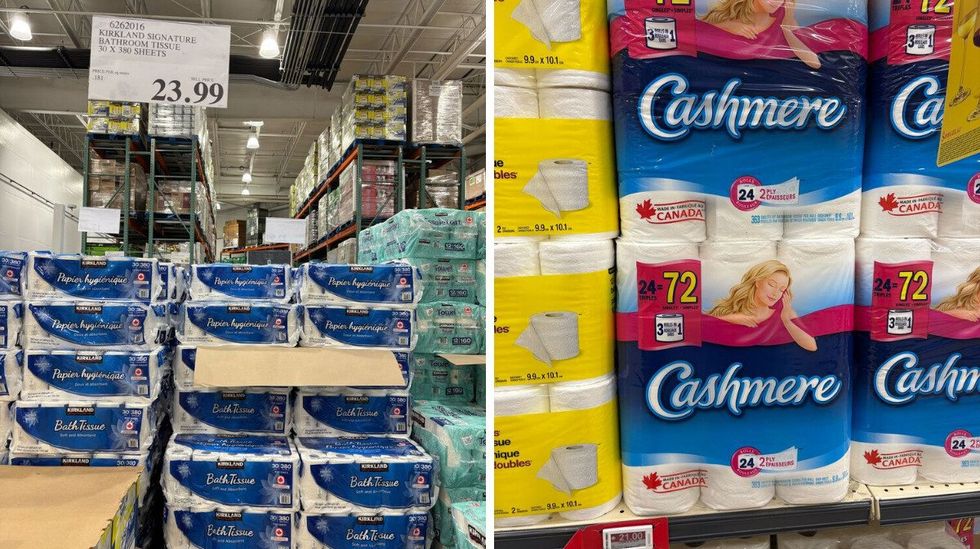 \u200bKirkland Signature toilet paper. Right: Cashmere toilet paper at Loblaws.