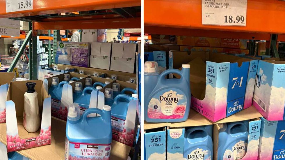 \u200bKirkland Signature Ultra Fresh liquid fabric softener. Right: Downy April Fresh liquid fabric softener at Costco.