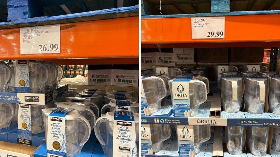 \u200bKirkland Signature water pitcher with a filtration system. Right: Brita water pitcher with a filtration system at Costco.