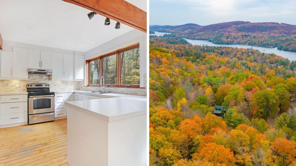 \u200bKitchen in the house for sale in Chelsea, Quebec. Right: The home nestled among trees that are fall-coloured.