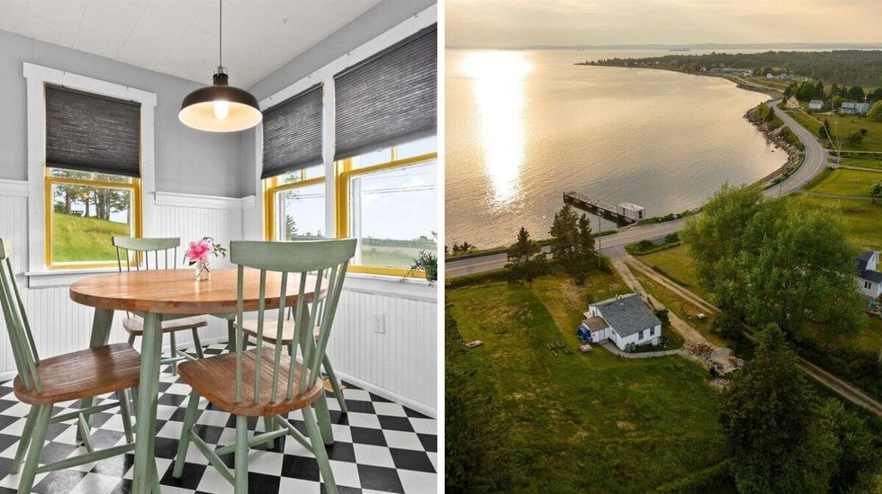 \u200bKitchen with checkerboard floors in the house for sale. Right: Aerial view of the house on the bay.
