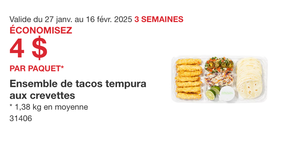 \u200bL\u2019ensemble de tacos tempura aux crevettes dans la circulaire du Costco.