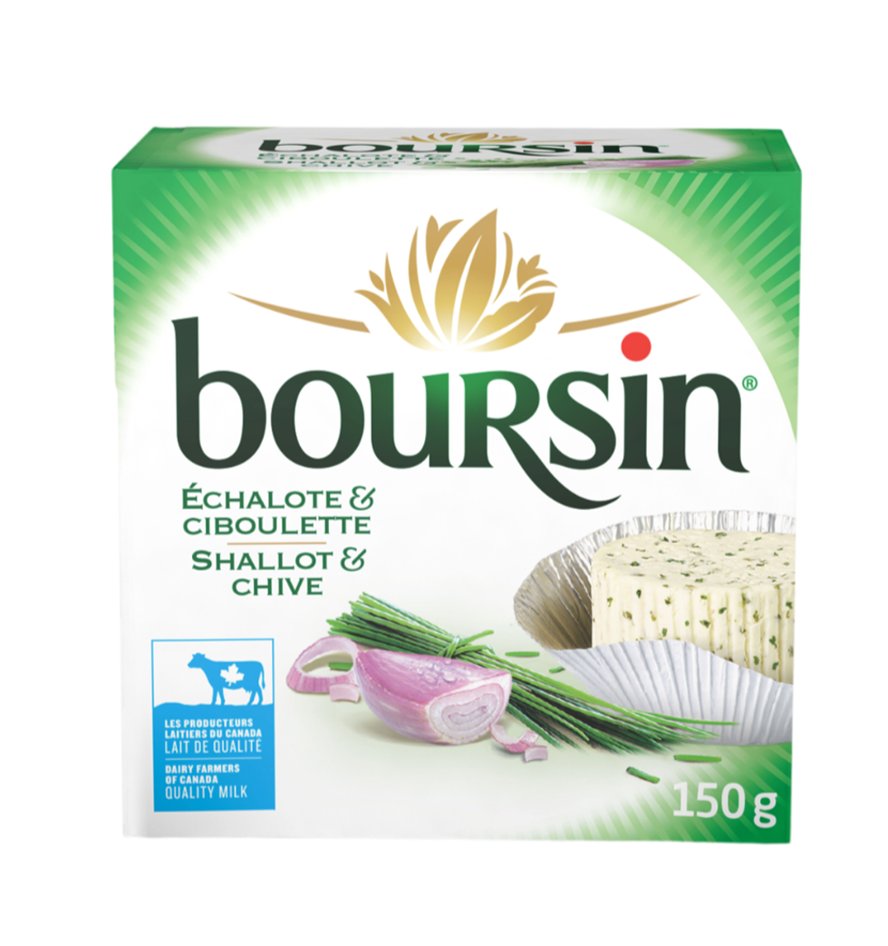 \u200bLe format de 150 grammes de fromage Boursin aux \u00e9chalotes et \u00e0 la ciboulette.