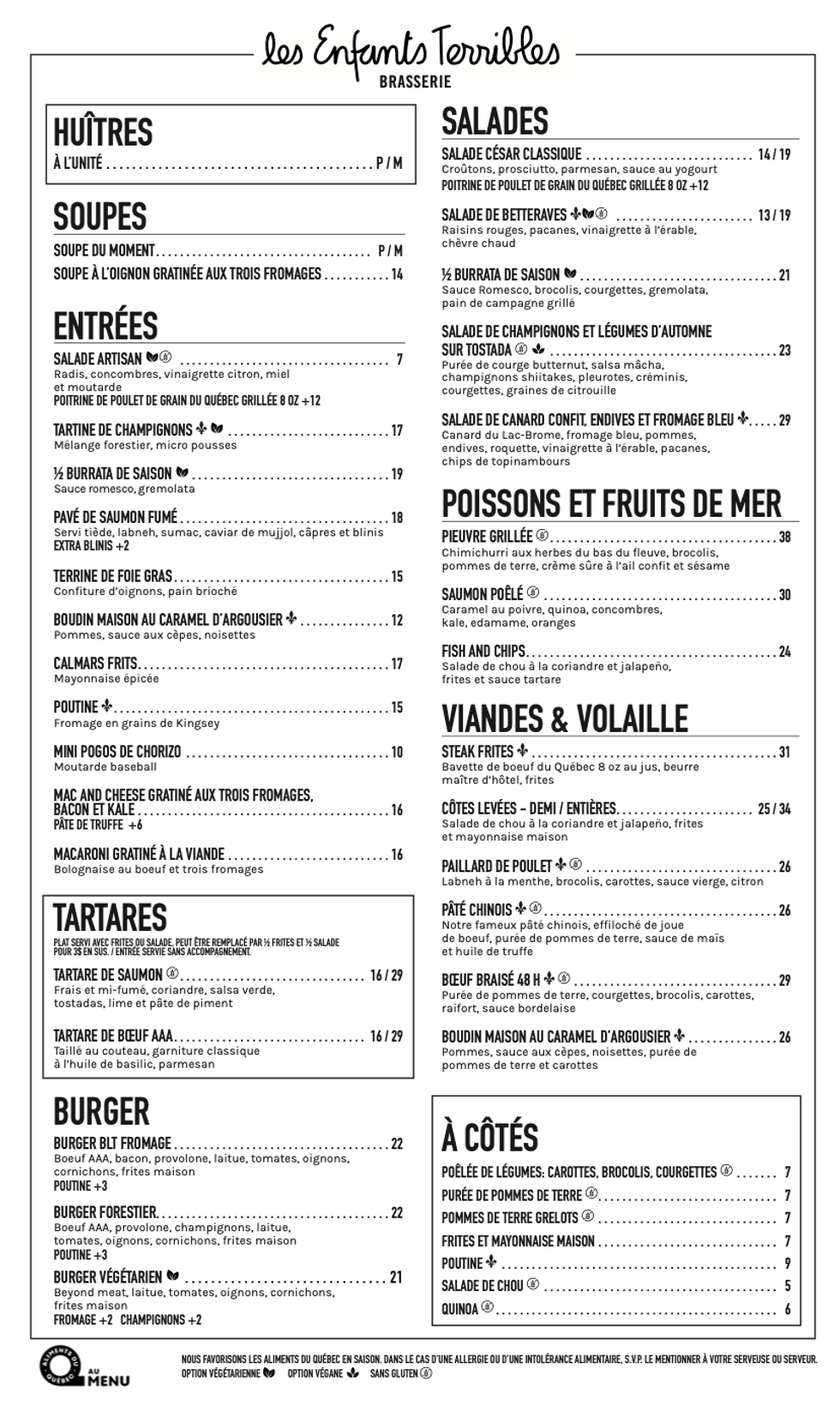 \u200bLe menu du resto Les Enfants Terribles \u00e0 Brossard.