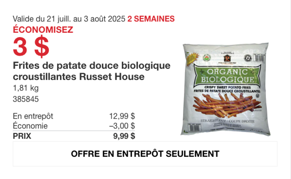 \u200bLe sac de 1,81 kg de frites de patate douce biologiques Russet House aper\u00e7u dans la circulaire du Costco.