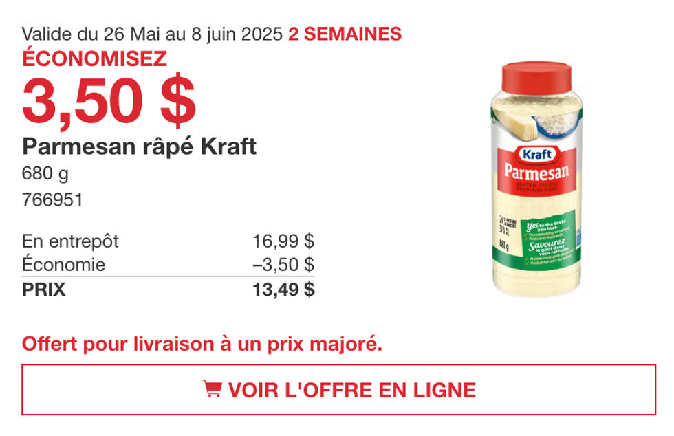 \u200bLe sp\u00e9cial sur le parmesan r\u00e2p\u00e9 de Kraft dans la circulaire du Costco.