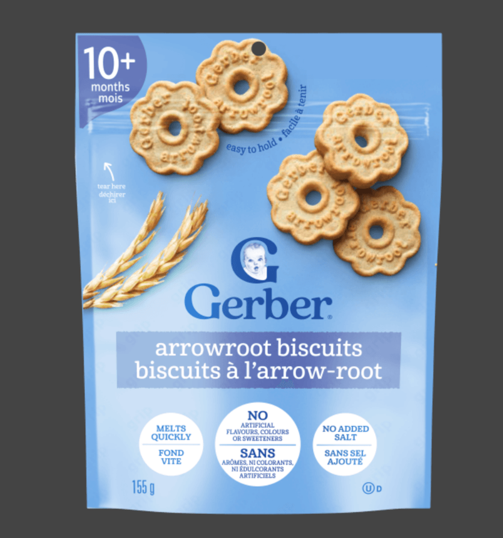 \u200bLes biscuits \u00e0 l'arrow-root de marque Gerber dans leur emballage.