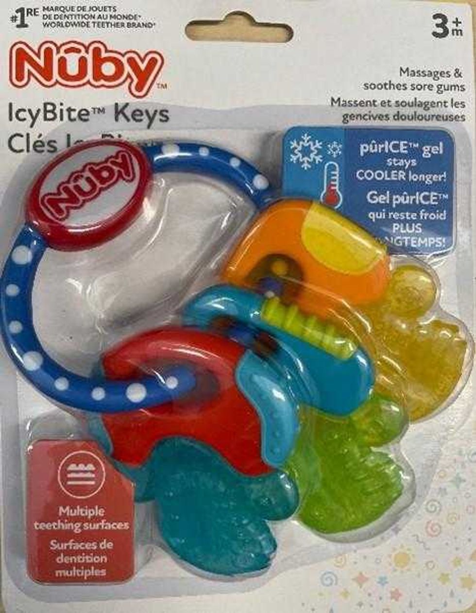 \u200bLes jouets de dentition N\u00fbby Cl\u00e9s IcyBite dans leur emballage.