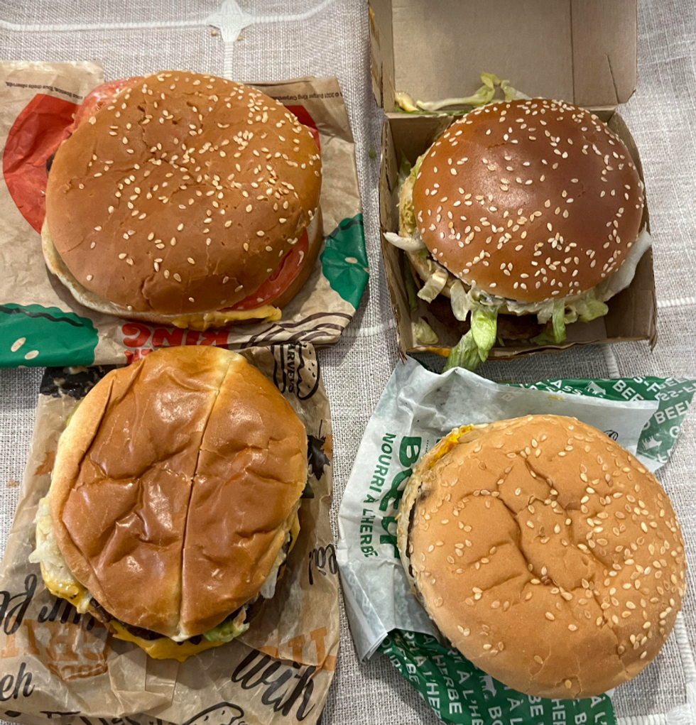 \u200bLes quatre burgers utilis\u00e9s pour le grand test.