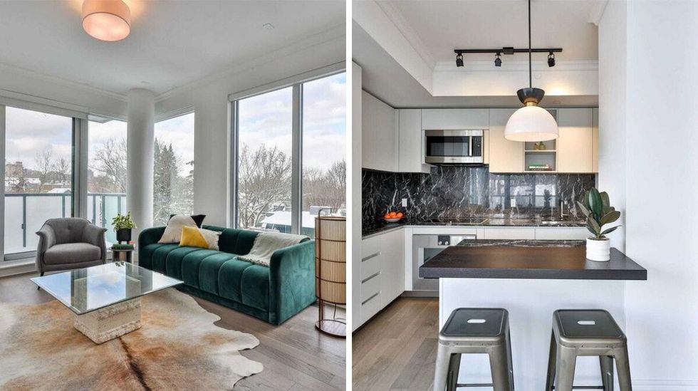 \u200bLiving room with floor to ceiling windows in the home for sale in Toronto. Right: Kitchen with an island and bar seating.