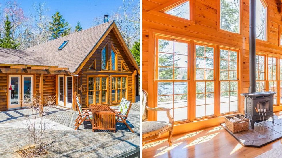 \u200bLog house for sale in Nova Scotia. Right: Living room in the house with a wood stove.