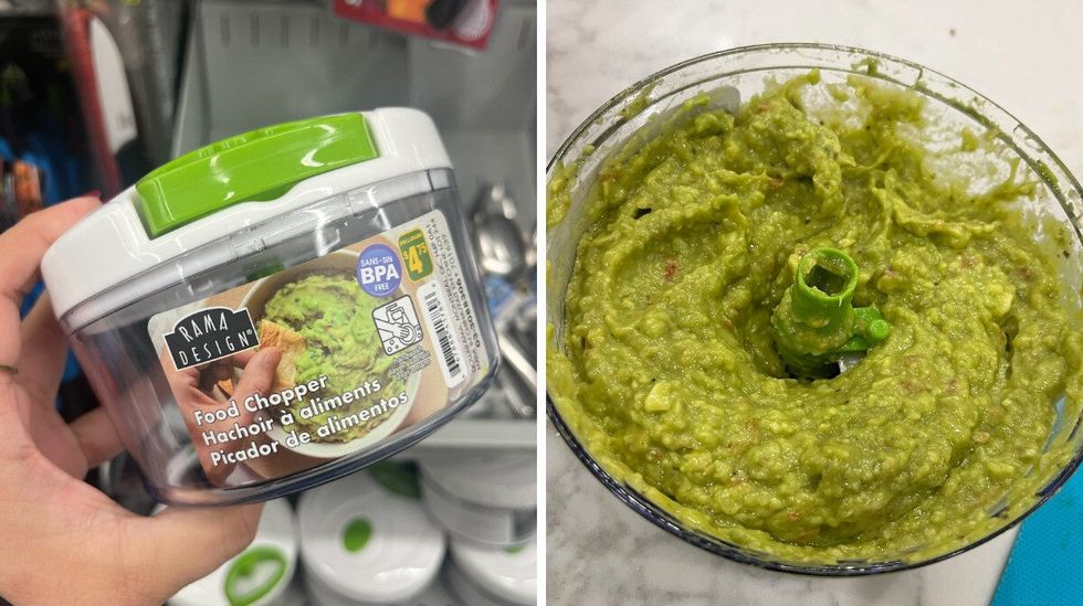 \u200bMain qui tient un hachoir \u00e0 aliments du Dollarama. Droite : Hachoir \u00e0 aliments rempli de guacamole.