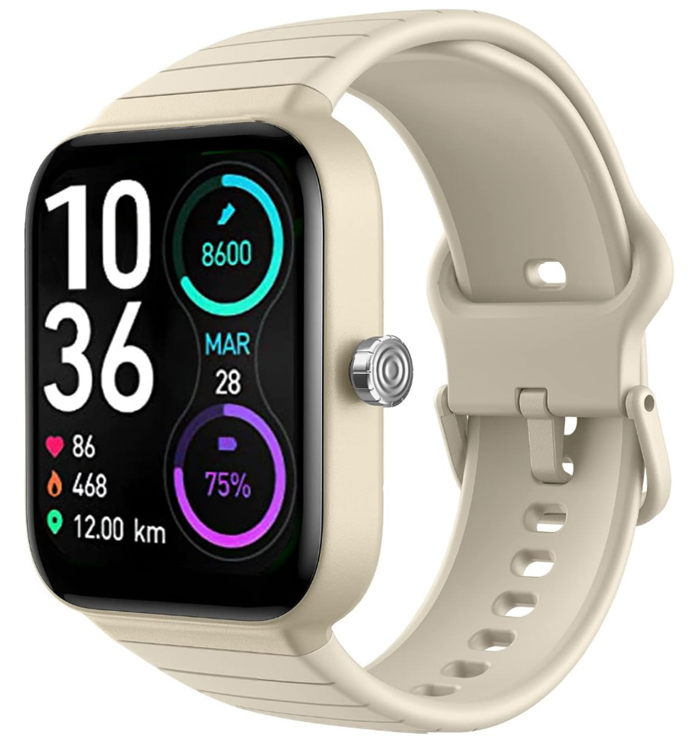 \u200bMontre intelligente au poignet beige.