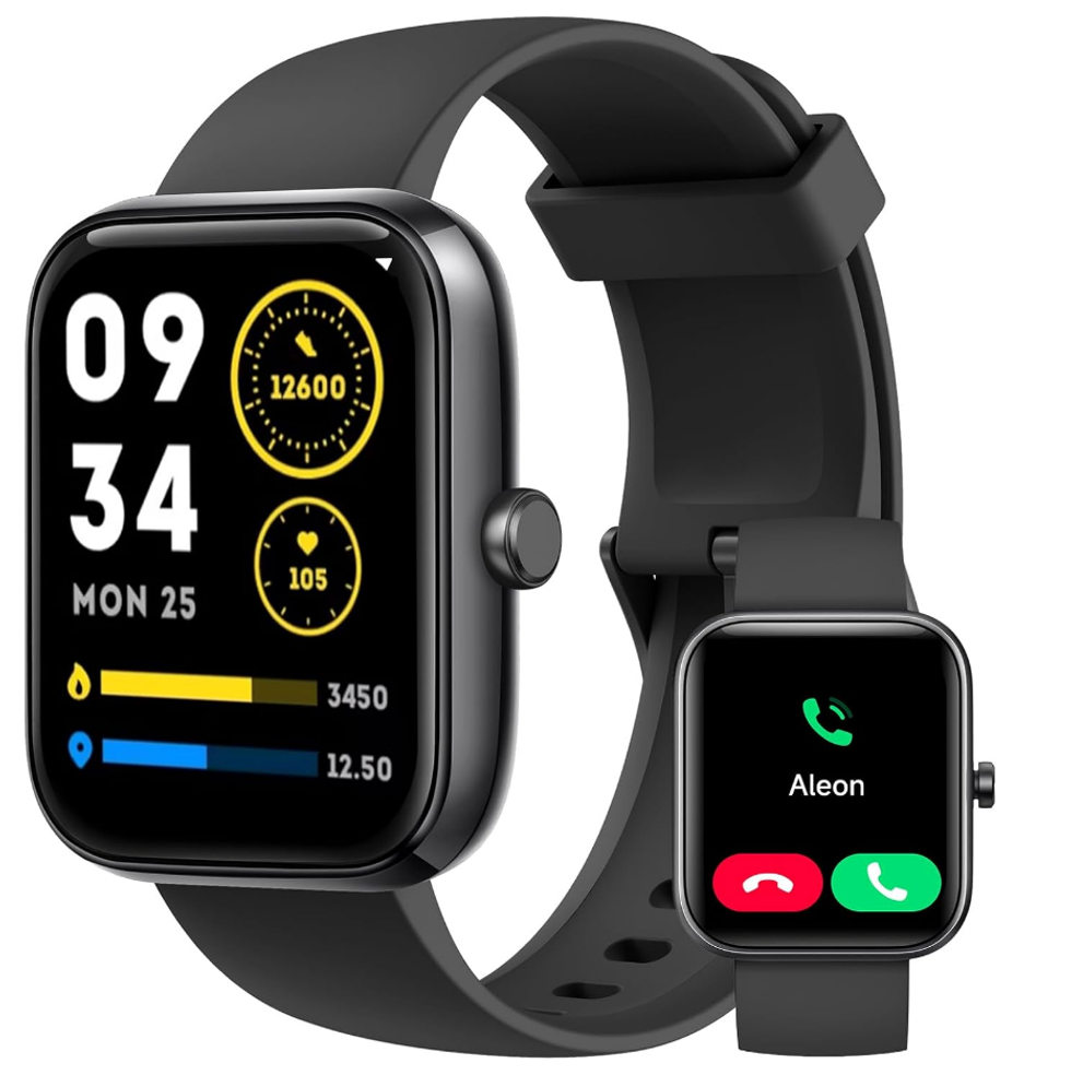 \u200bMontre intelligente noire qui permet de compter les pas, prendre les appels, et plus.